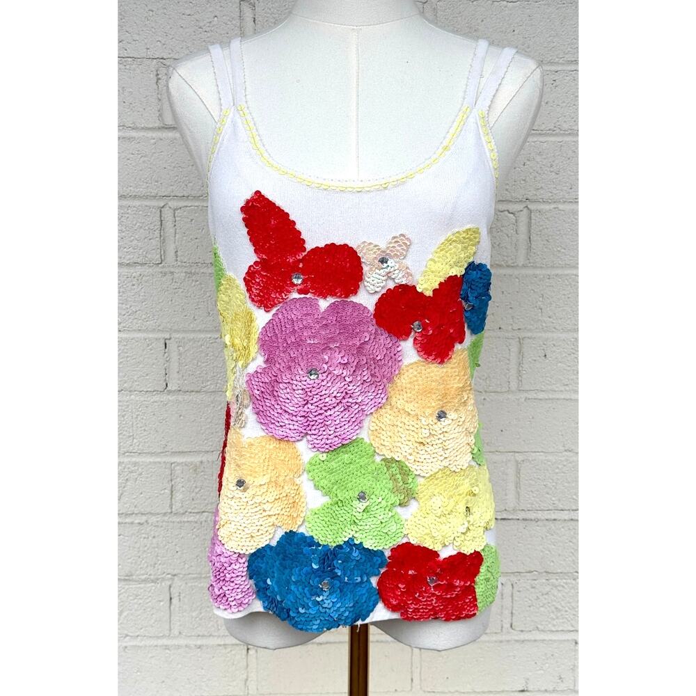 Vintage Joseph A Sequin Floral Tank Top Cream Colorful Beaded Y2K Large